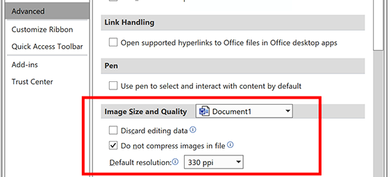 Word Advanced Options for Image Size and Quality